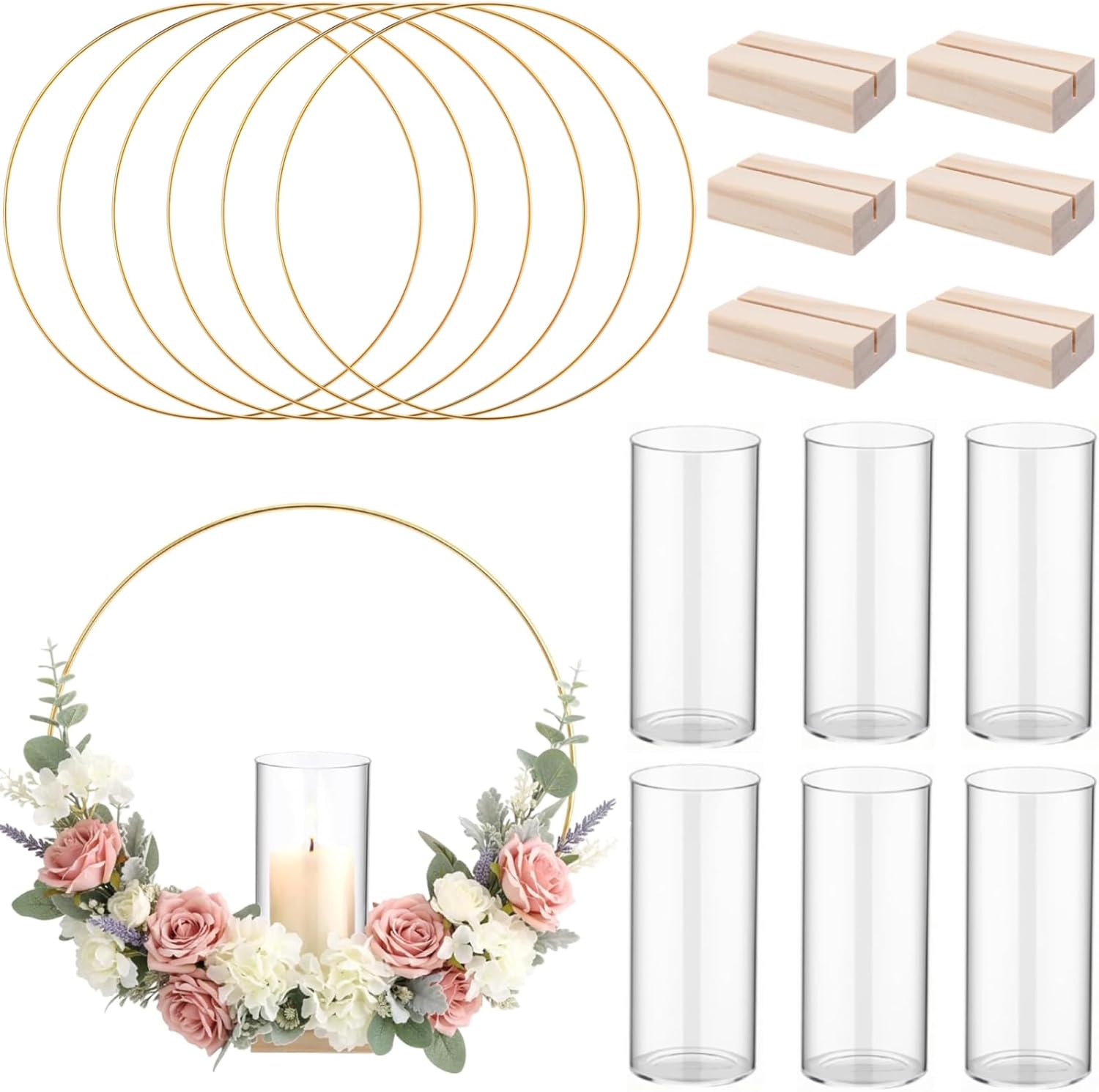 Leinuosen 6 Pack Floral Hoop Centerpiece Set Complete with Glass Candle Holders, Gold Metal Wreath Ring & Wood Stands for DIY Wedding Valentine's Day Decor Dream Catcher