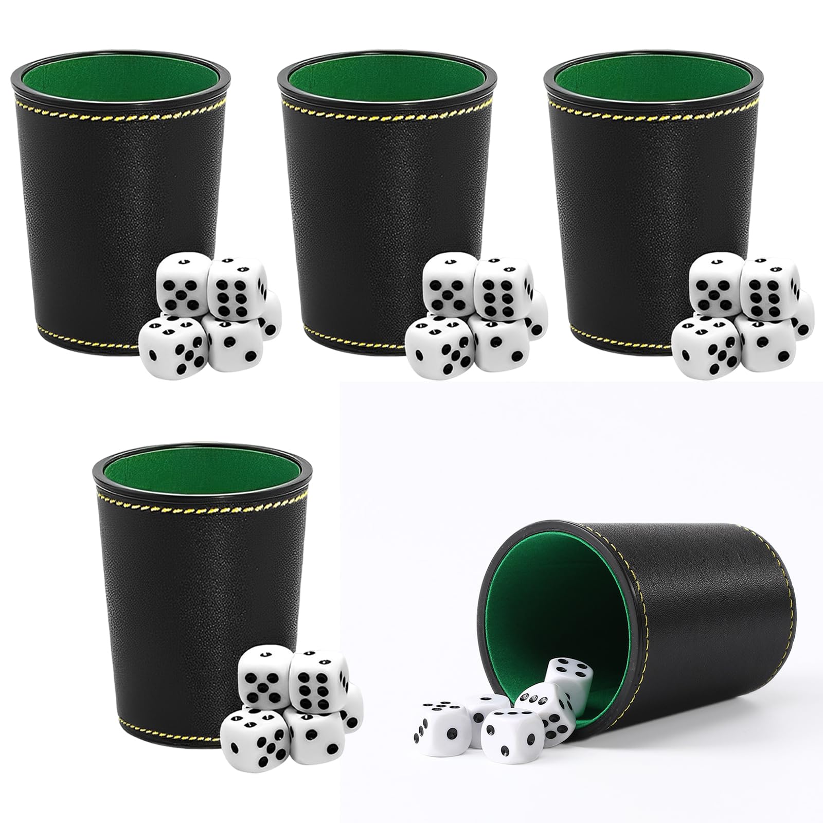 Zyiphor 5 Leather Dice Cups Set with 25 Dice - Quiet PU Leather Shaker Cups for Yahtzee, Backgammon, Poker, Bar Parties & Dice Games