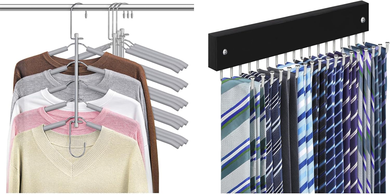 Tie Rack Belt Hanger Wall Mounted Non Slip 180 Degree Rotating Belt Organizer for Closet Black 1 Pack, Clothes Hangers Space Saving Shirt Hangers Shirt Organizer for Closet Grey 4 Pack