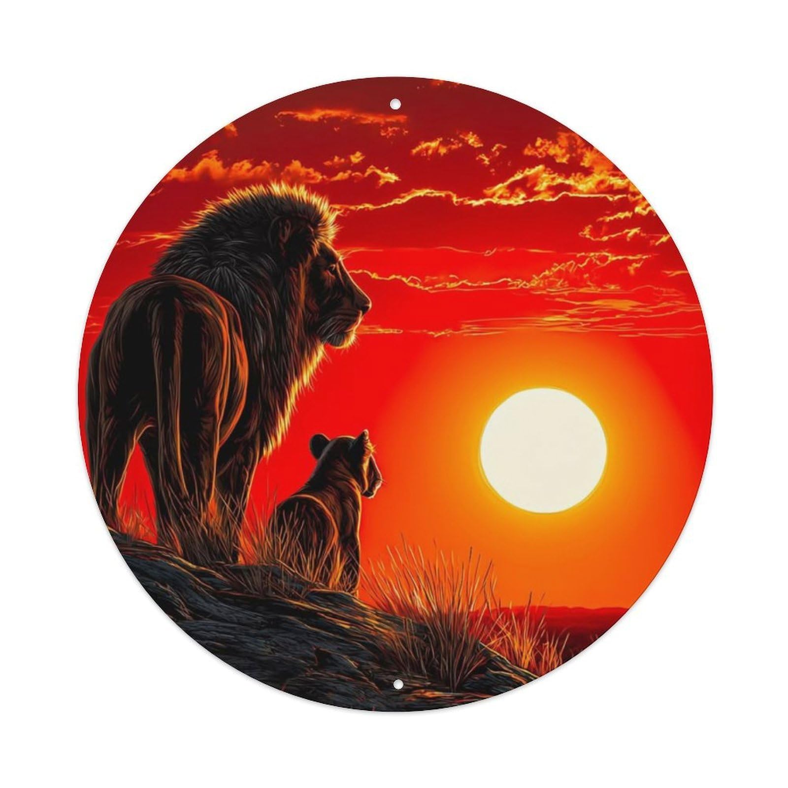Animal African Lion Male Lion And Lion Cub African Savanna Sunset Landscape Vintage Metal Tin Sign Plaque Wall Decor for Cafe, Club Bar, Office, Garden Metal Poster 8x8Inch