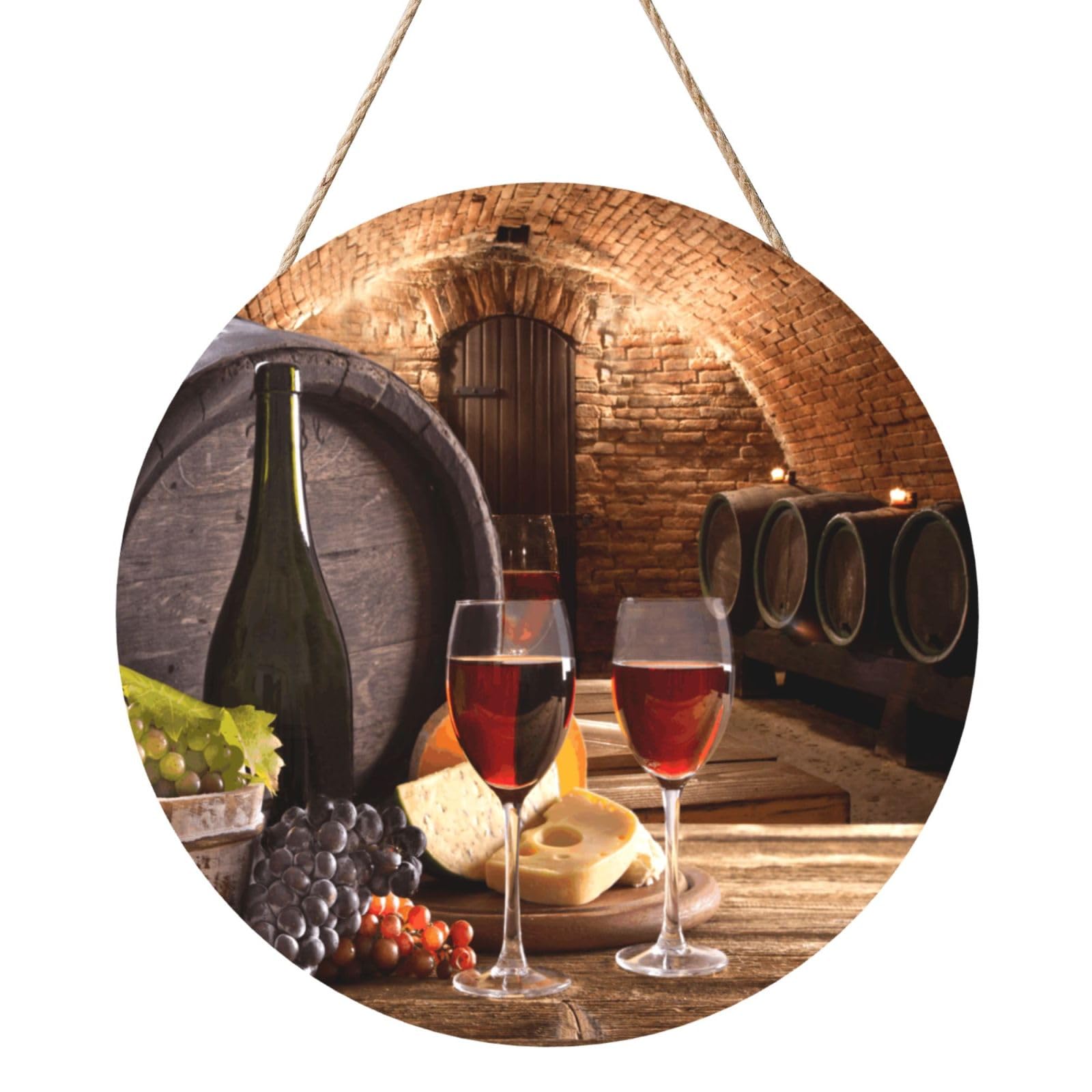 InOmak Red Wine Cellar Printed, Round Wood Panel Painting 12 in, Wall Hanging Painting For Home