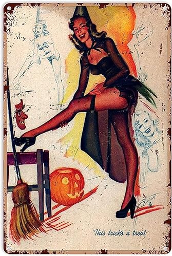 Wall Halloween Pin Up Witch Metal Tin Sign Halloween Tin Signs for Kitchen Home Office Bar Cafe Decor 8x12 Inch