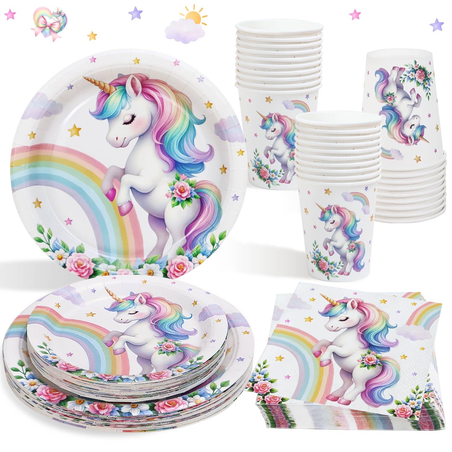 Unicorn Party Decorations Paper Plates for 25 Guests - 100Pcs Unicorn Birthday Party Plates Cups and Napkins for Girls, Unicorns Decorations Supplies