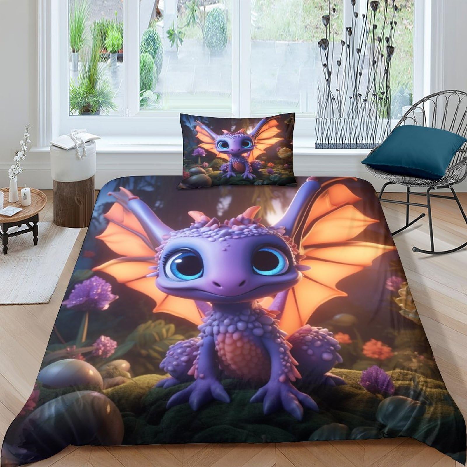Purple Pterodactyl Hot Choice for Boys,girls Bedding Set with Zipper Closure 3D Printed Comforter Cover Cute Animals Duvet Cover Set Soft Microfiber Quilt Cover with Pillowcaser Single(135x200cm) — image 1