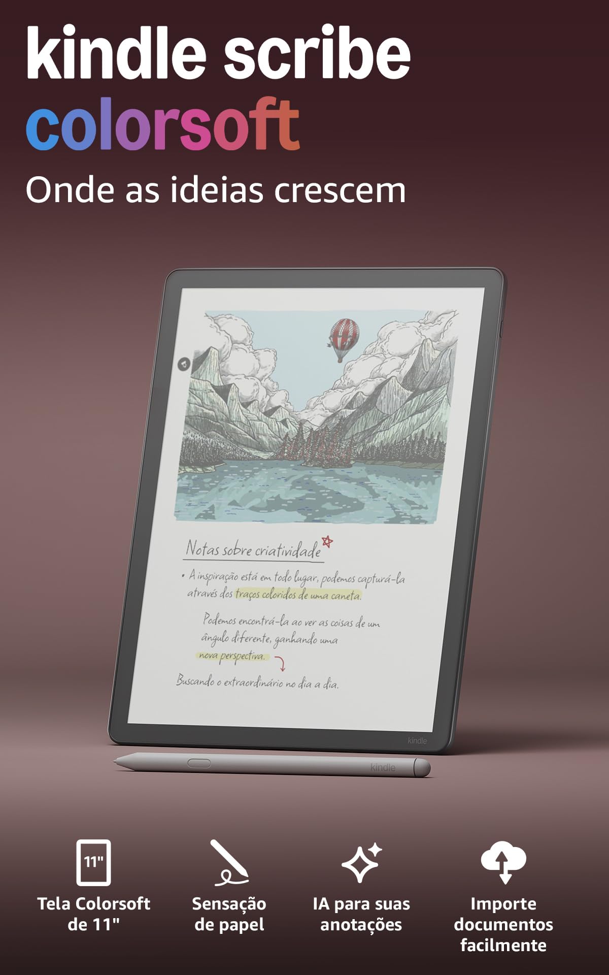 Amazon Kindle Scribe Colorsoft 64GB - Tela colorida de 11" semelhante ao papel, com luz frontal — Fino, leve, potente — Escreva em cadernos, documentos e livros - Grafite