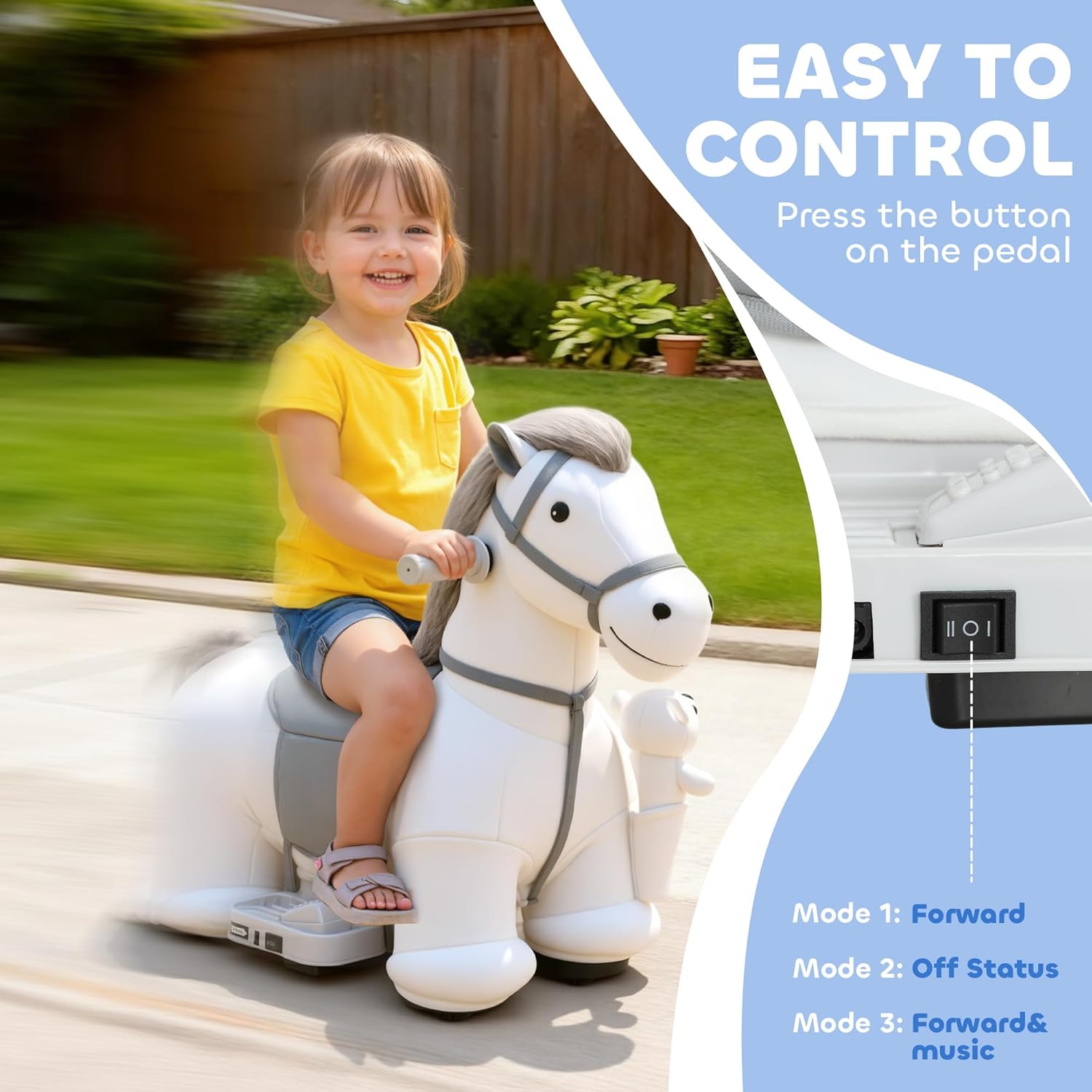 Qaba 6V Kids Ride on Horse, Battery Powered Ride on Toy, Electric Riding Pony with Bear Toy, Music, Soft Touch, PU Wheels, Foot Pedal, Forward, for Girls Boys Aged 1.5-5 Years, White