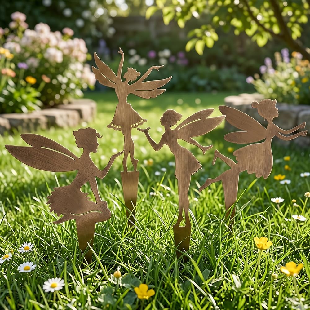 Gartenstecker Elfen Roststecker,4 Stück Wetterfeste Fee Metall Stecker | Fee Metall Stecker,Elfen Figuren Garten Deko,Gartenstecker,Dekoration,Geschenke