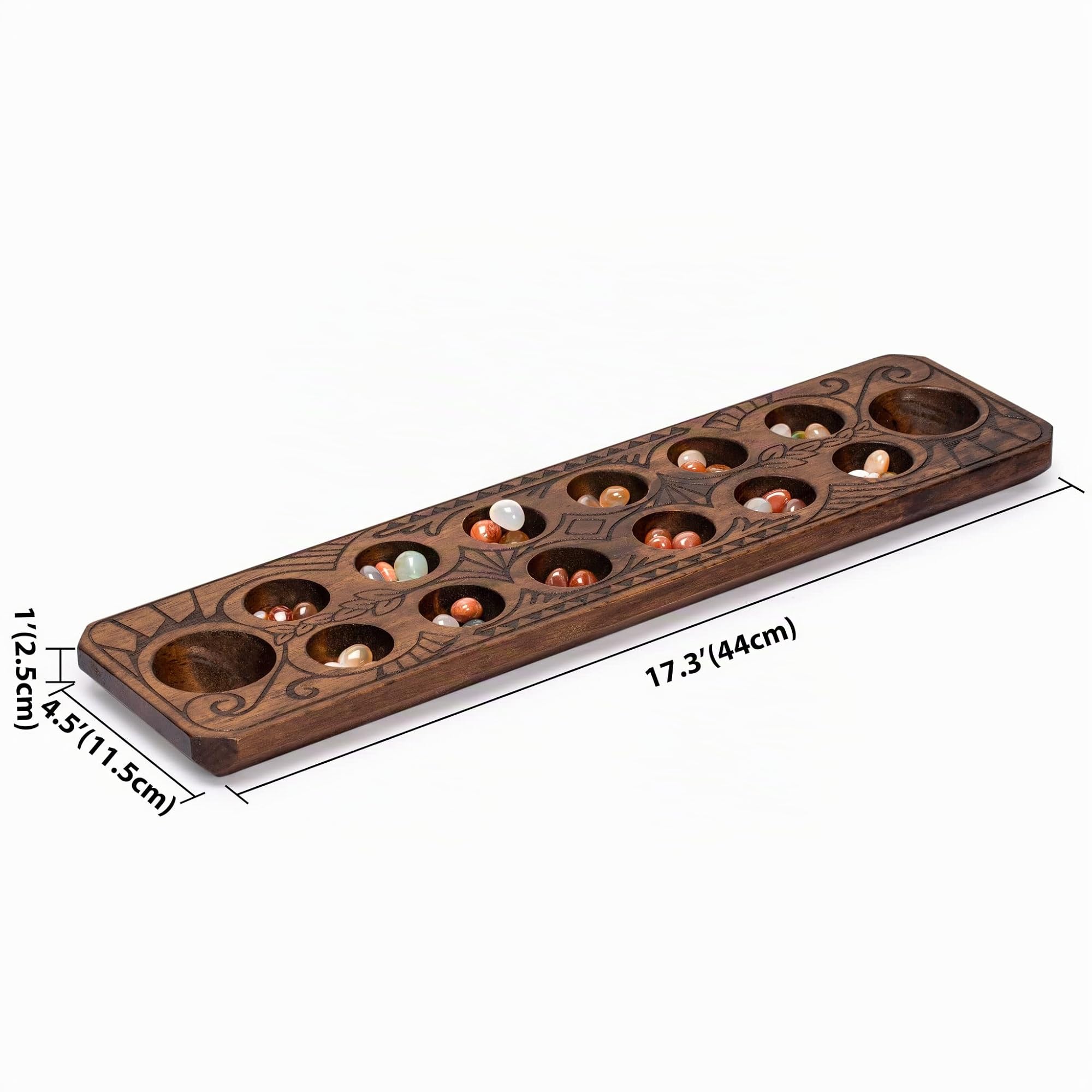 Yellow Mountain Imports Juego Mancala con Tablero de Madera Maciza de 44 centímetros y Piezas de Juego de Guijarros de Cuarzo