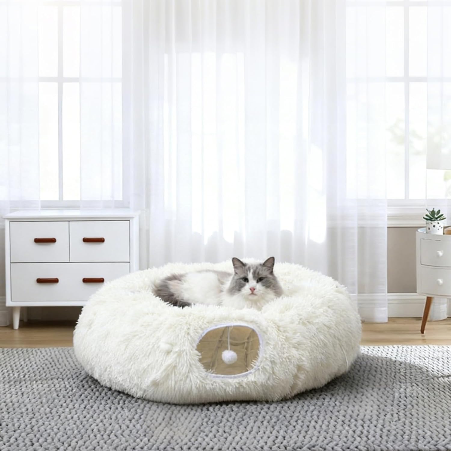 RELAXLATE Large Cat Tunnel Bed for Indoor Cats,Cat Bed, Cat Tunnel Christmas Tree Skirt, Cat Donut Tunnel Toys with Warm Soft Plush, for Cats, Kittens, Small Pets (White)