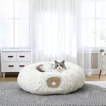 RELAXLATE Large Cat Tunnel Bed for Indoor Cats,Cat Bed, Cat Tunnel Christmas Tree Skirt, Cat Donut Tunnel Toys with Warm Soft Plush, for Cats, Kittens, Small Pets White