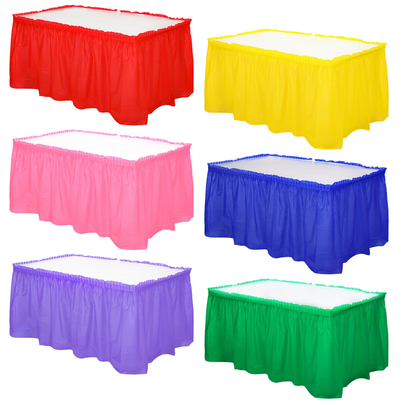 Photo 1 of **ONLY 2(BLUE AND PINK)**
Mixweer 6 Pcs Assorted Color Plastic Table Skirts 14ft x 29in Neon Party Desk Curtain Skirt for Rectangle Round Table Cloth Teacher Desk Wedding Banquet Dinning Pleated disposable Ruffled