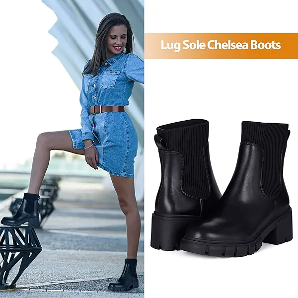 Athlefit Women's Chelsea Platform Ankle Boots Elastic Chunky Heel Lug Sole Black Booties Size 9