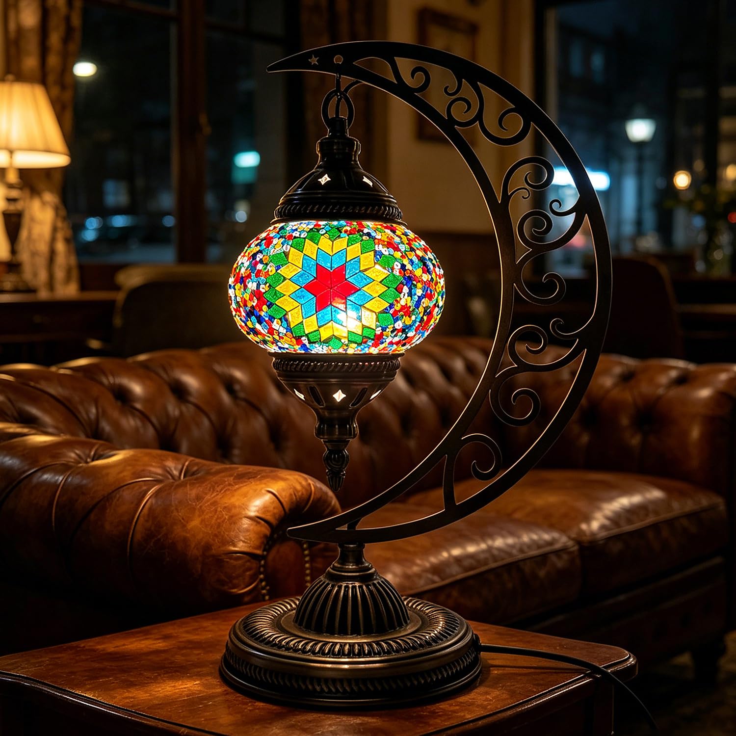 Marrakech Turkish Table Lamp Moon Shaped USB Powered Mosaic Stained Glass Bedside Lamp with Bronze Base Colorful Moroccan Globe Night Light for Living Room Room Kids Room Decor(W 6.3in x H 15.35in) — image 1