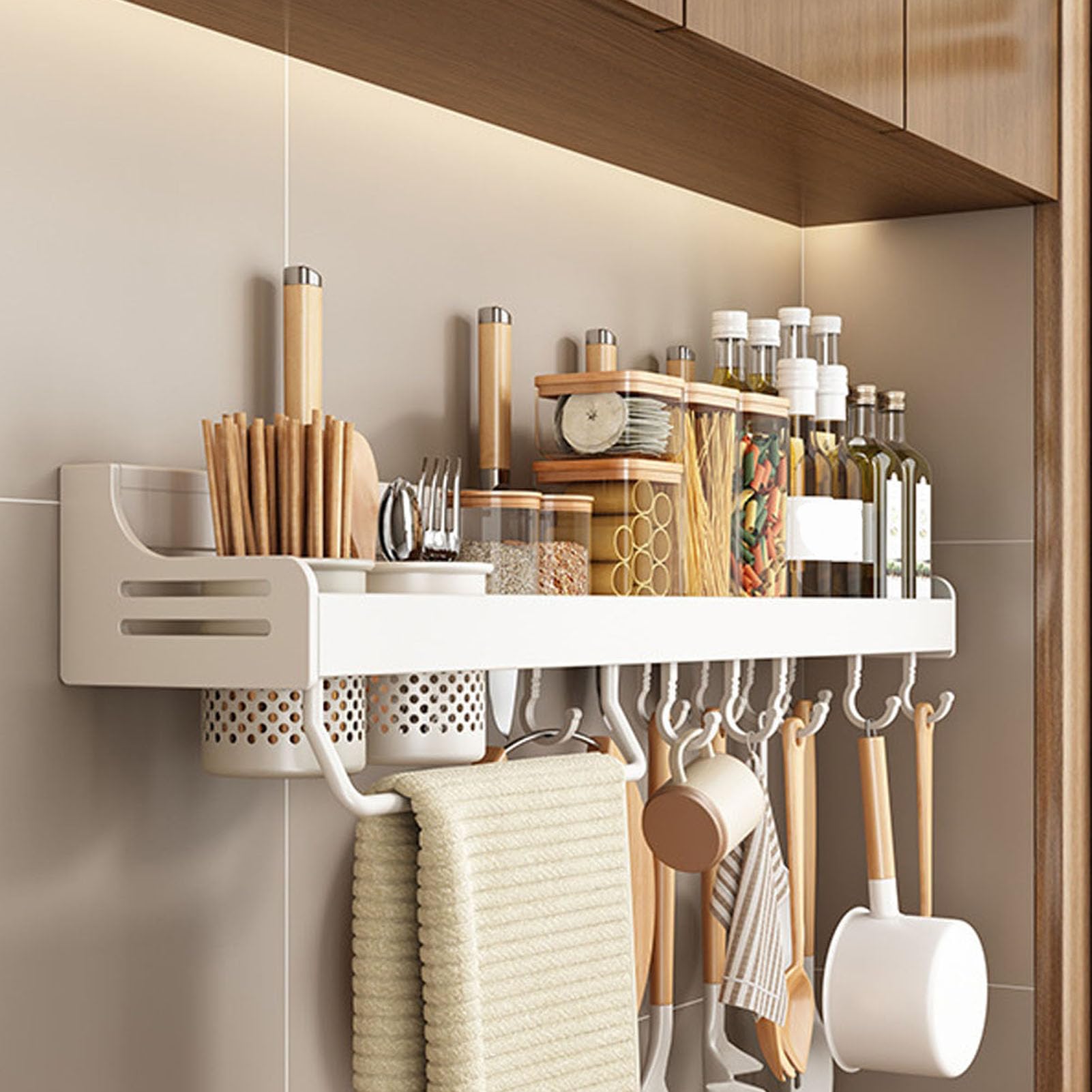 GLJTUO Wall-Mounted Spice Rack - Metal Hanging for Kitchen Spices, Seasoning Holder with Towel Holder, Knife Storage, Hooks & Utensil (White 70Cm),White-70Cm