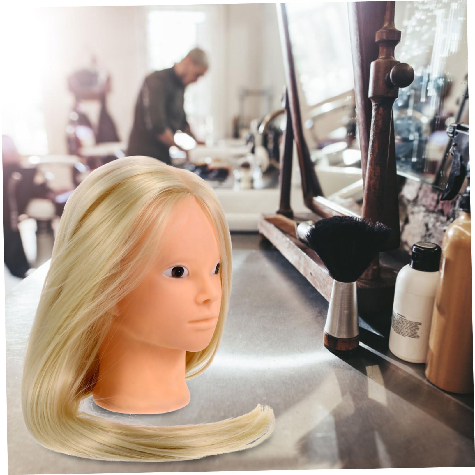 WOONEKY Cabeza de Maniquí y Soporte para Peluquería con Peluca Dorada Práctica de Trenzado y Corte Adecuado para Peinados de Boda y Danza