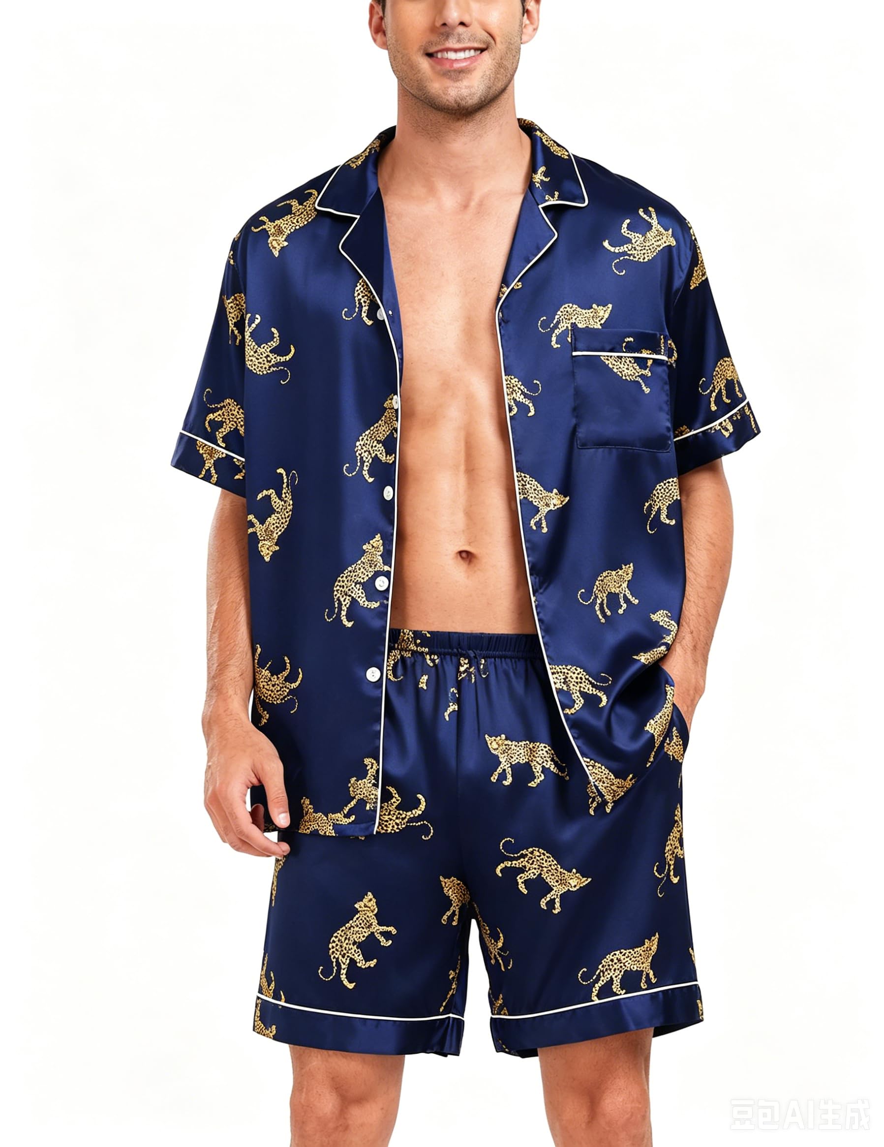 SWOMOG Men Satin Silk Pajamas Sets Short Sleeve Sleepwear Button-Down PJs Sets Two-Pieces Loungewear with Pockets