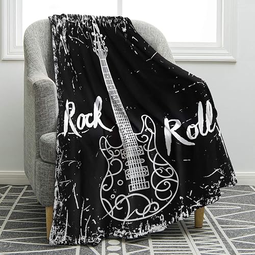 Jekeno Manta negra con diseño de guitarra eléctrica, rock roll, suave, cálida, acogedora, para amantes de la música, regalo para adultos, 50 x 60