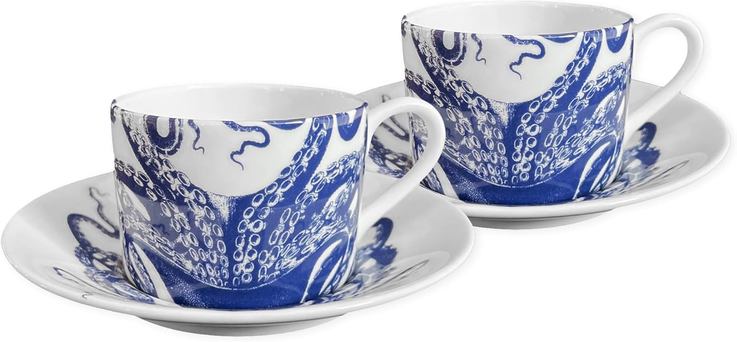 Caskata Lucy the Octopus Cups and Saucers Set of 2 | Bone China Blue Teacups and Saucers for Entertaining or Everyday | Perfect for Wedding, Birthday, Christmas & Holiday Gifts | 6 oz