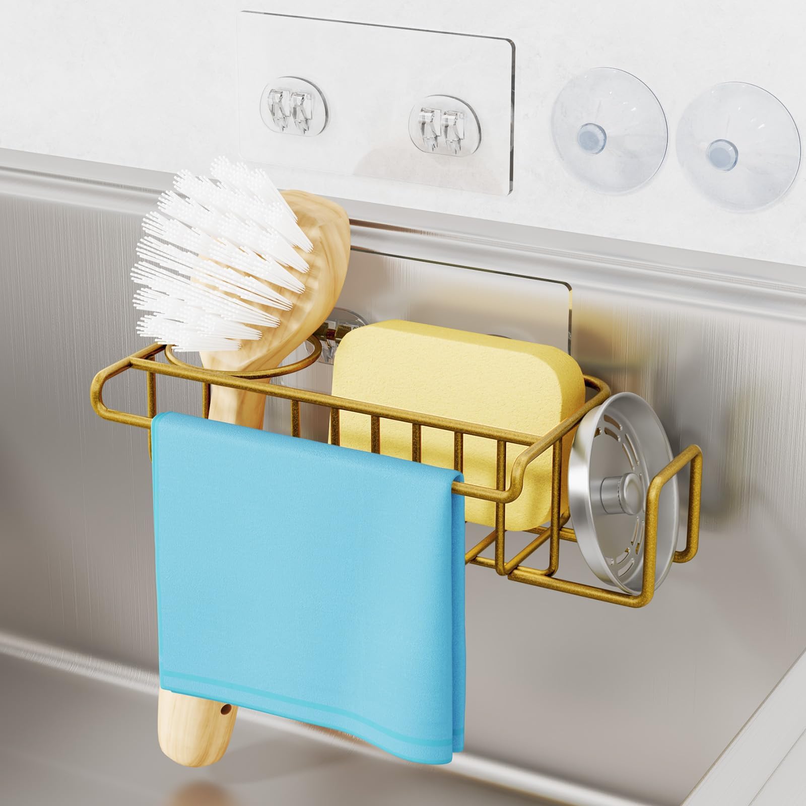 Sponge Holder for Kitchen Sink, No Drill Kitchen Sink Caddy Organizer, Rustproof Dish Sponge Holder- Gold(8.73 * 3.54 * 2.36in)