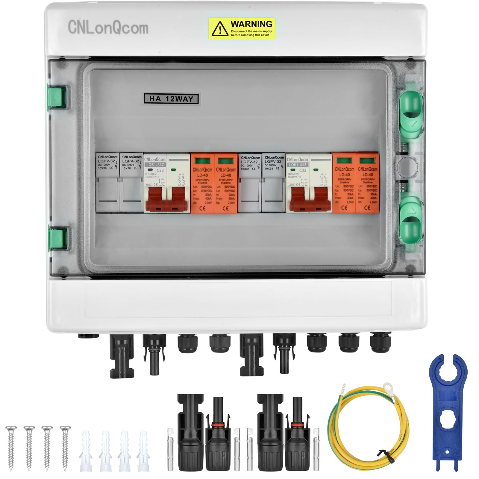 Protección contra sobretensiones PV 500 V 32 A, caja de conexión solar, protección DC, interruptor de separación PV 2 cuerdas (2 en 2 salidas), interruptor de caja CC
