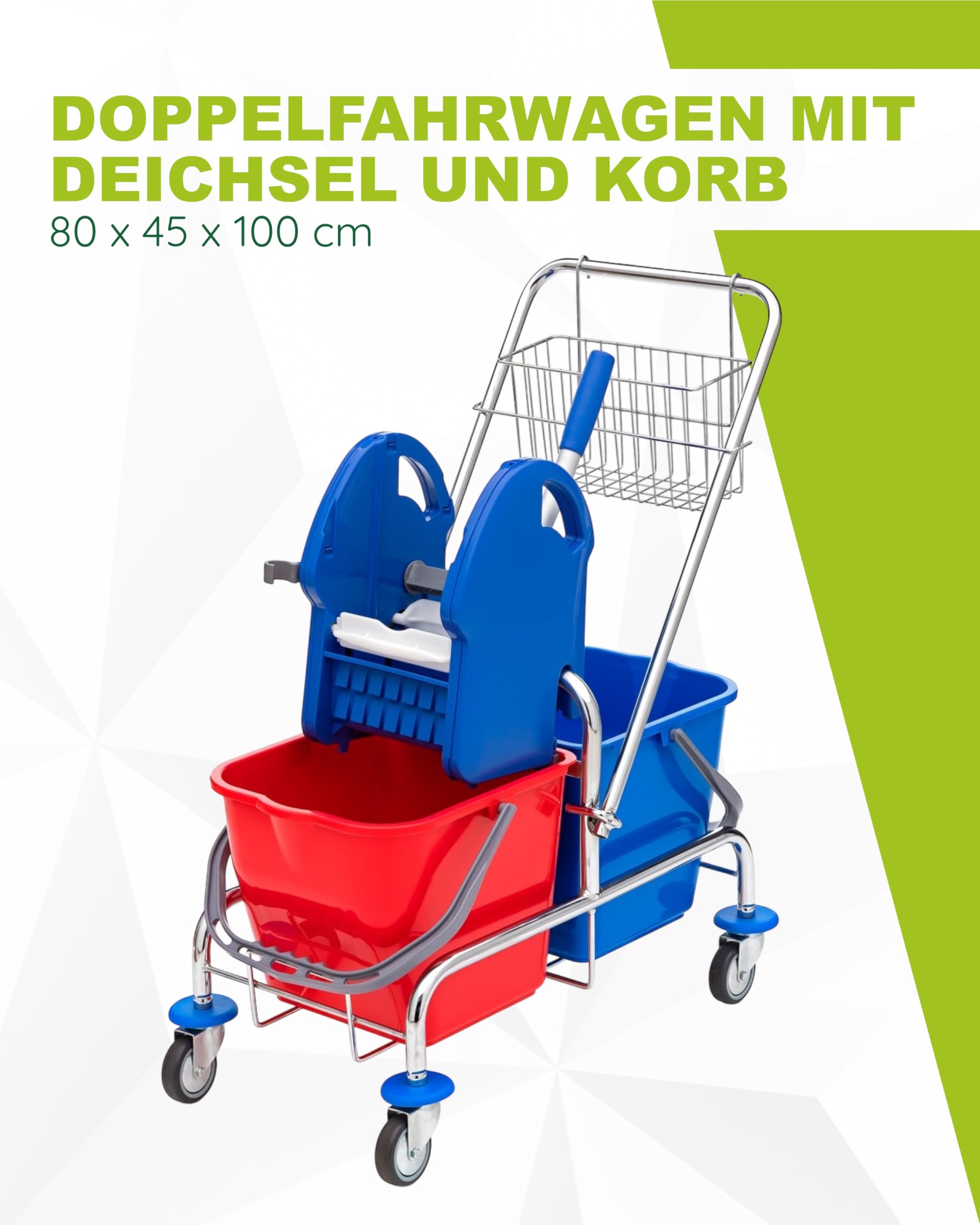 Wisch-Star Doppelfahrwagen mit Korb, Mobpresse & Deichsel – Putzwagen mit Eimer für Frischwasser & Schmutzwasser, Reinigungswagen Gewerbe und Zuhause für strahlende Böden