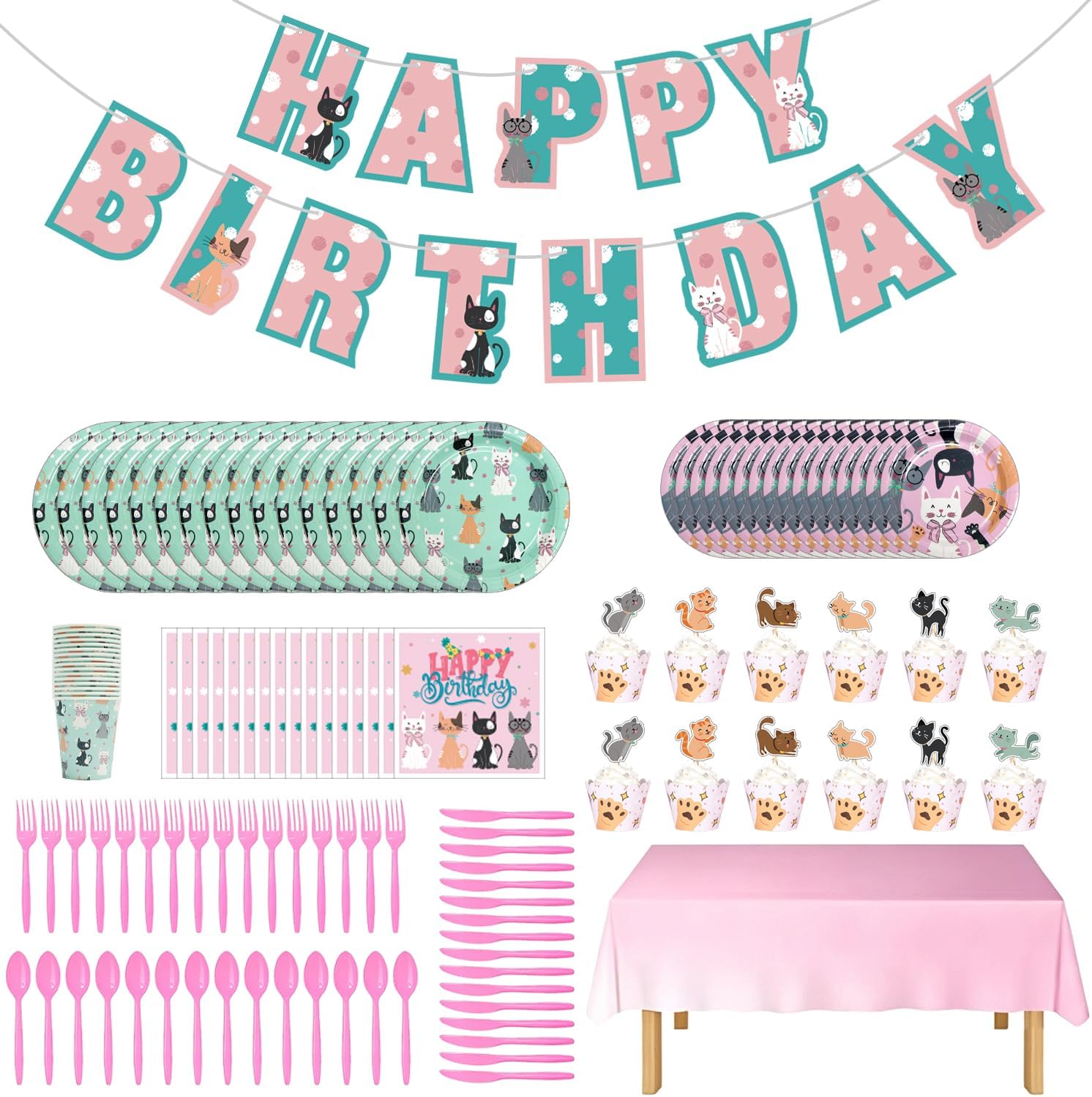 146Pcs Serves 16 Cat Theme Birthday Party Decorations Set,Kitten Disposable tableware,9in/7in Plates,Napkins,Cups,Knives,Forks,Spoons,Cupcake Toppers＆Wrappers Table Cover and Banner Party Favor. image 2
