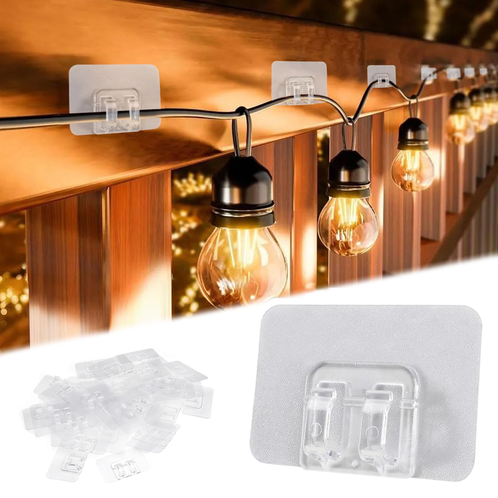 Lucxhcky 100 Pcs Hooks for Outdoor String Lights, Outdoor Light Hooks with Adhesive Strips, String Lights Hook Light Hanging Hook