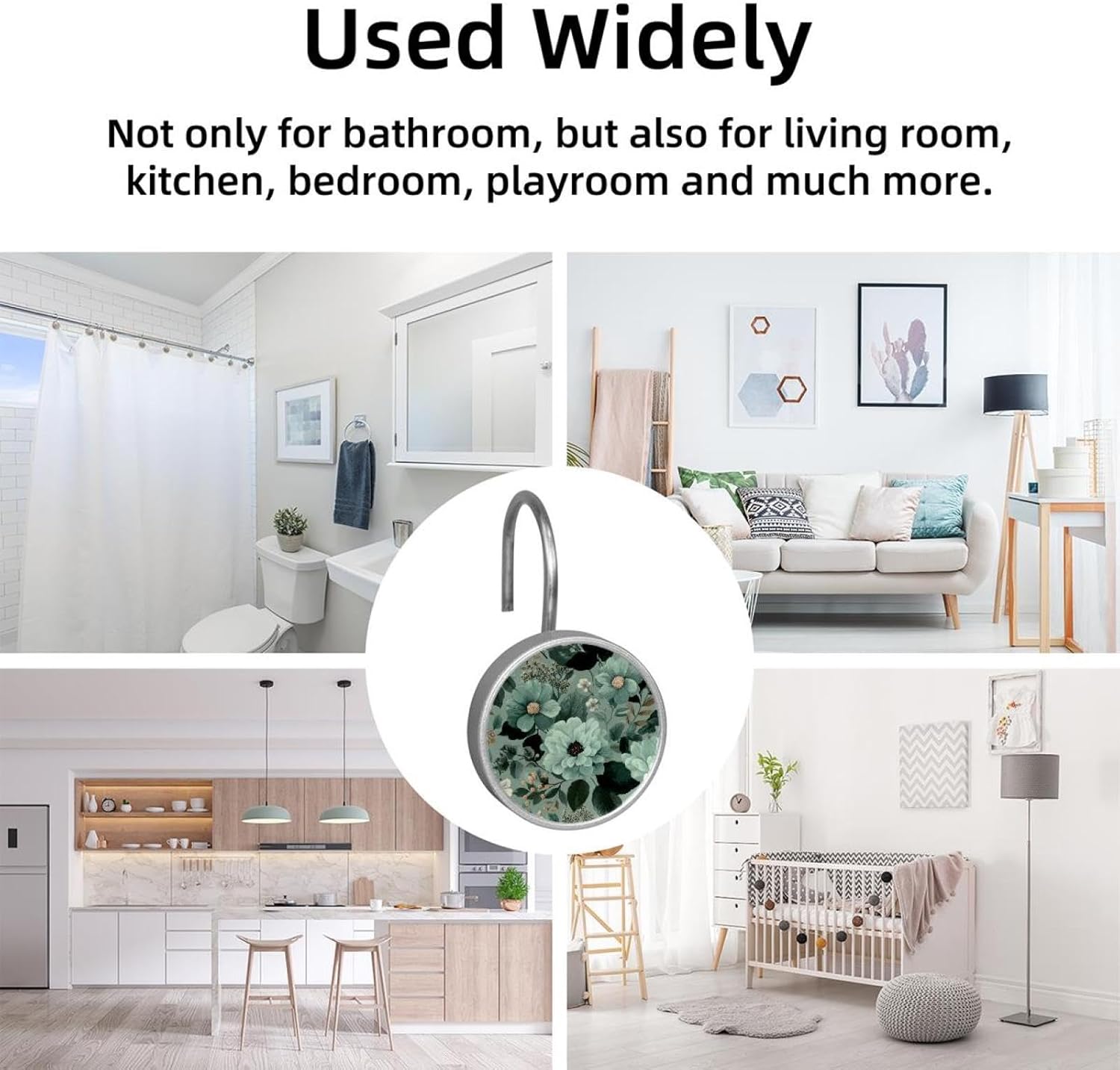 12 Pack Sage Green Flowers and Leaves (1) Shower Curtain Hooks, Stainless Steel Decorative Shower Curtain Rings for Bathroom, Rust Proof Shower Curtain Hangers for Curtains Rods