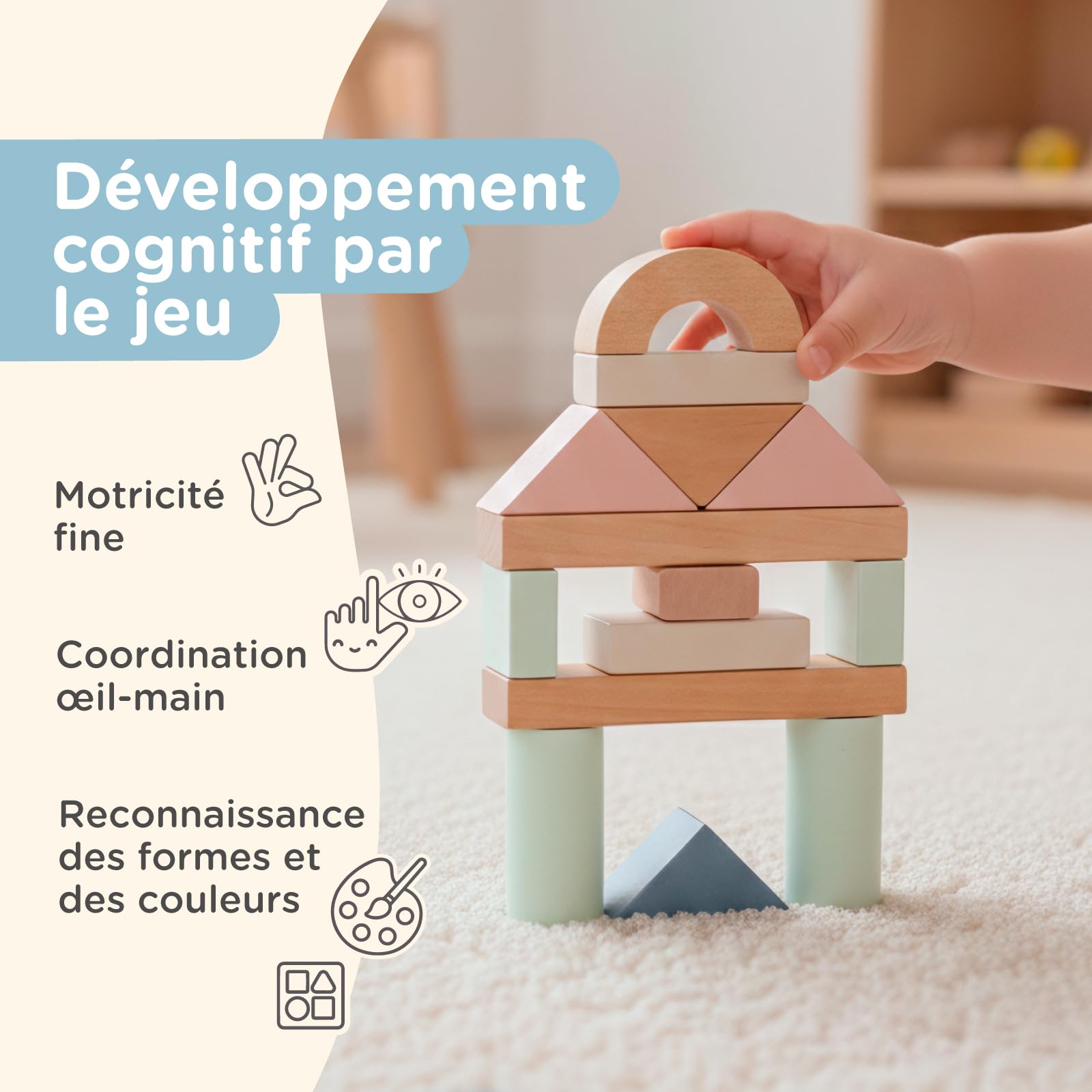 Nene Toys Blocs de Construction en Bois 100 Pièces – Blocs Pastel en Bois FSC pour Enfants dès 1 an – Jeu Montessori d’Éveil, Empilage & Tri pour Filles & Garçons – Idée Cadeau 1 2 3 Ans