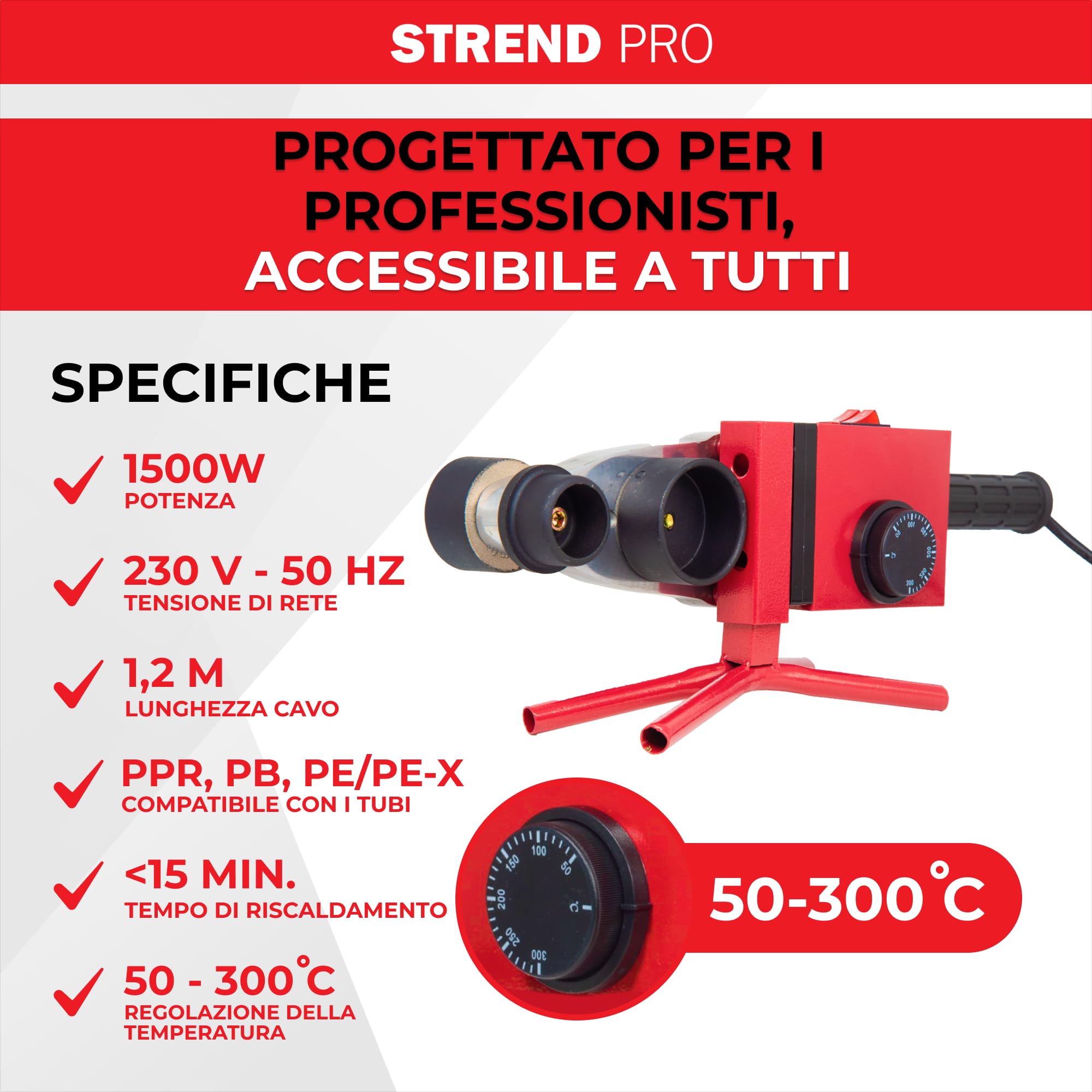 STREND PRO Saldatrice a Manicotto | 1500W Polifusione | Per Tubi in Plastica Ø20–63 mm - PPR, PE | Saldatrice Professionale con 14 Accessori | Regolazione 0–300°C