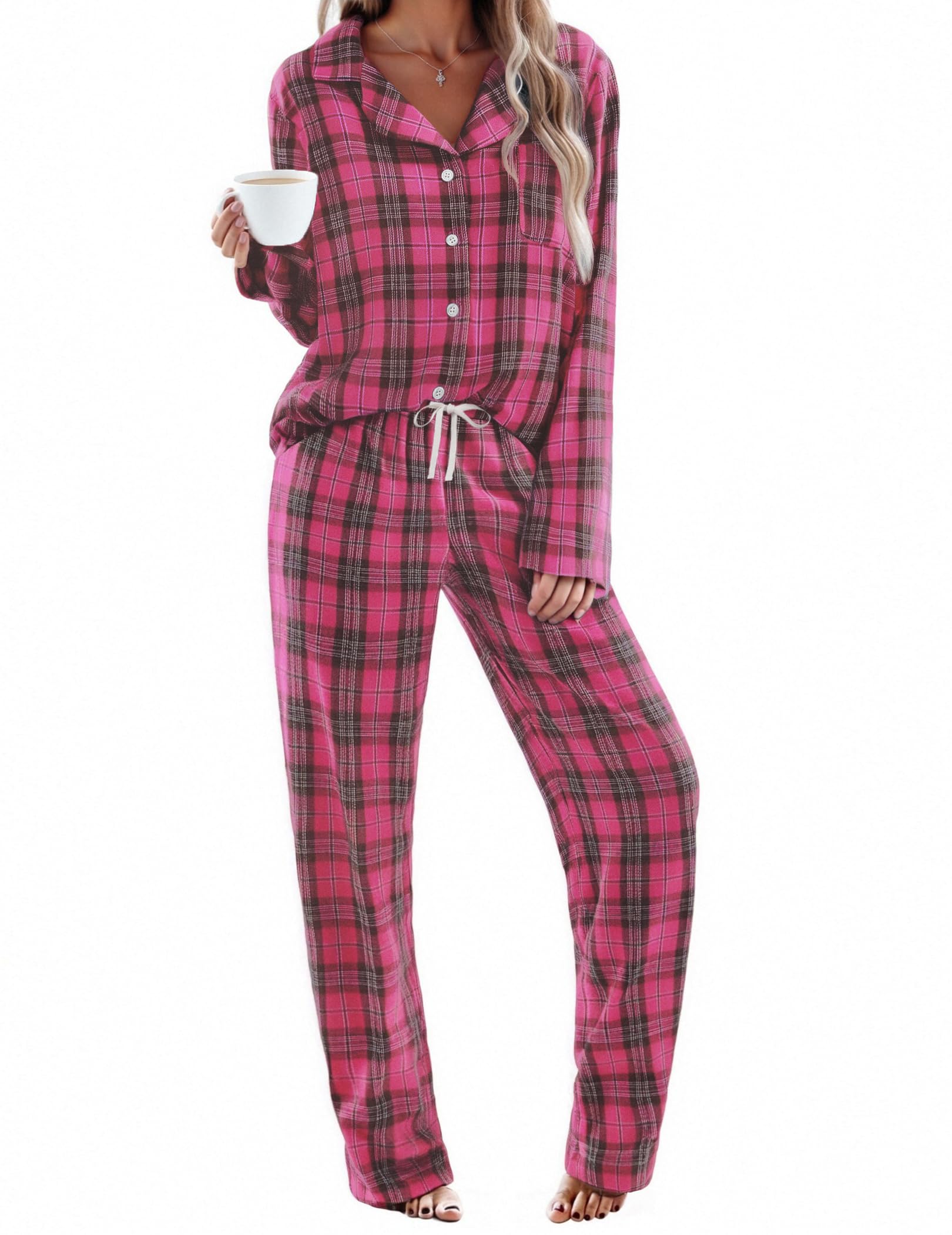 Ekouaer Womens Pajama Sets 2 Piece Cotton Plaid Pjs Long Sleeve Sleepwear Button Down Lounge Set with Pockets