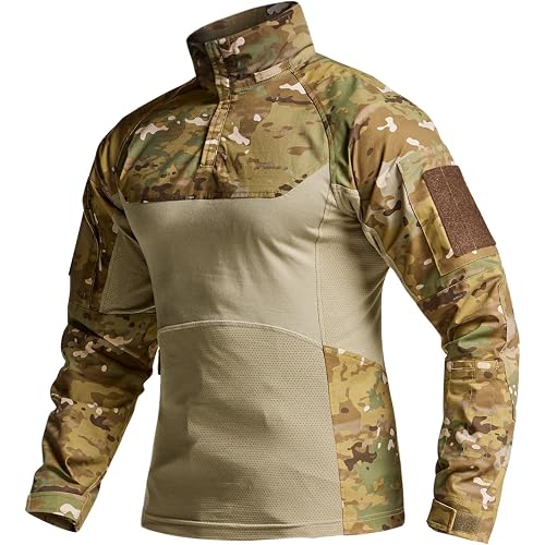 CQR Men's Tactical Combat Shirt, 1/4 Zip Long Sleeve Breathable Military BDU Training Top for Shooting, Hunting, Range Use