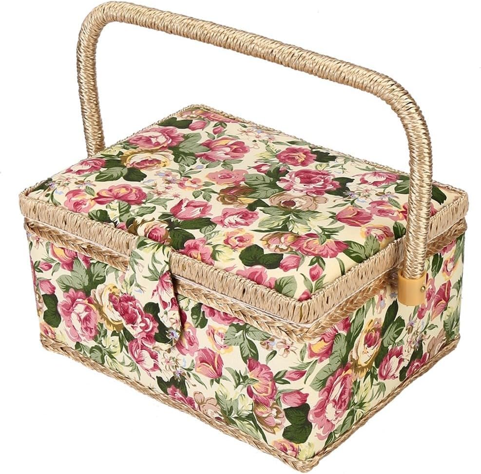 Box with Removable Tray, Rose Floral Print Design Sewing Kit Storage Box for Sewing Mending, Beginner, Professional, No Accessories(Colorful Green)