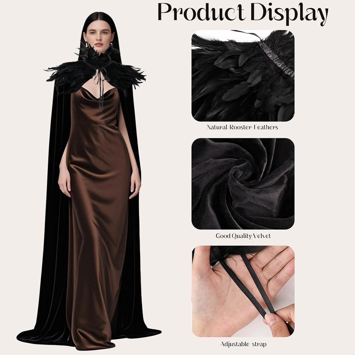 Women's Gothic Evil Queen Costume Demon Horns Black Feather Collar Cloak Set for Halloween Cosplay Party - Image 3