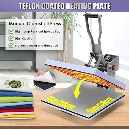 Miniatura 7 de AKEYDIY Máquina de prensa de calor de 15 x 15 pulgadas Pro Shirts prensa de calor grande extraíble inferior Platen deslizante Camiseta digital