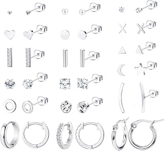 18Pairs 316L Stainless Steel Star Moon Stud Earrings for Women Men Cute CZ Inlaid Stud Earring Set Huggie Hoop Cuff Earrings Ear Piercing Set