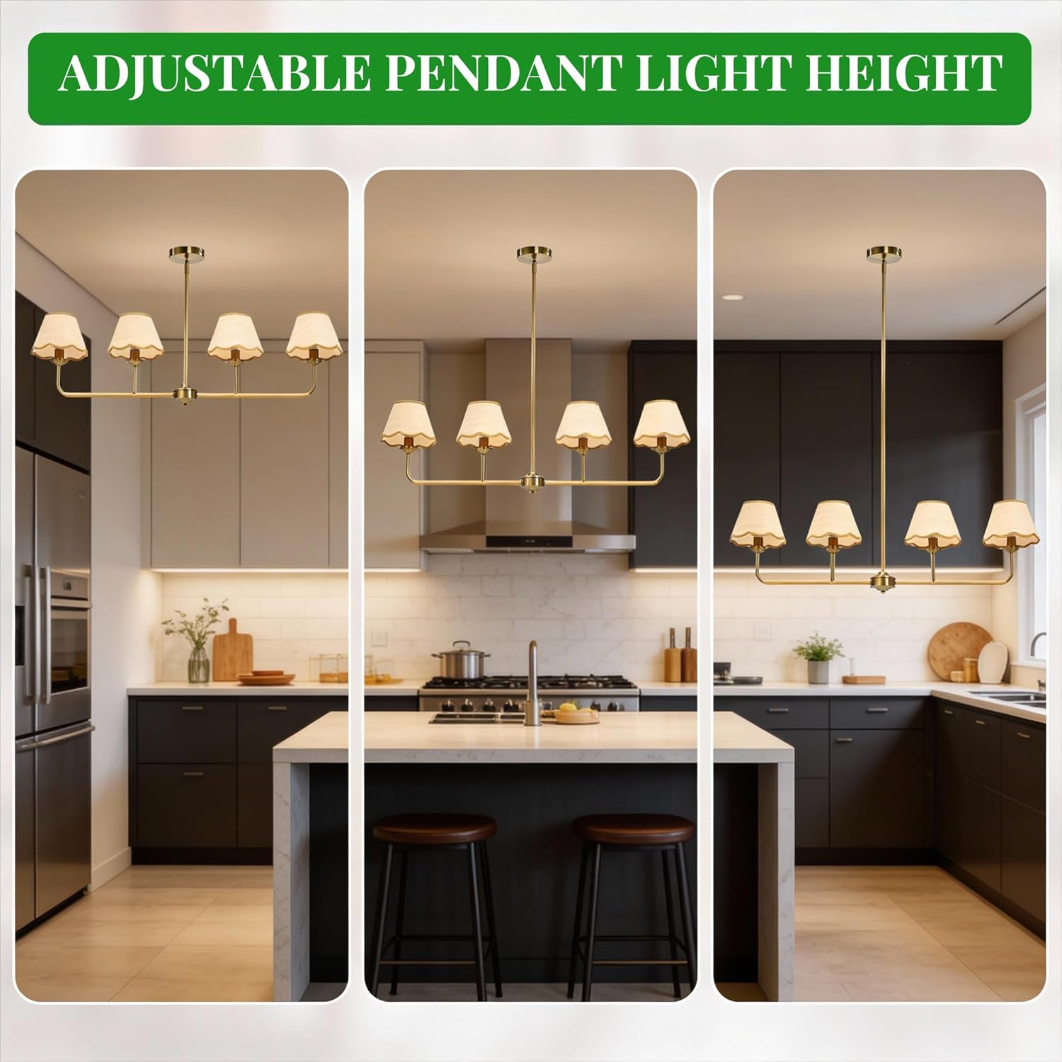 39" Linear Kitchen Island Lighting Fixture, 4-Light Gold Boho Rattan Chandelier with Woven Rattan Shades, Height Adjustable Dining Room Light Fixtures for Living Room Bar, E12 Base