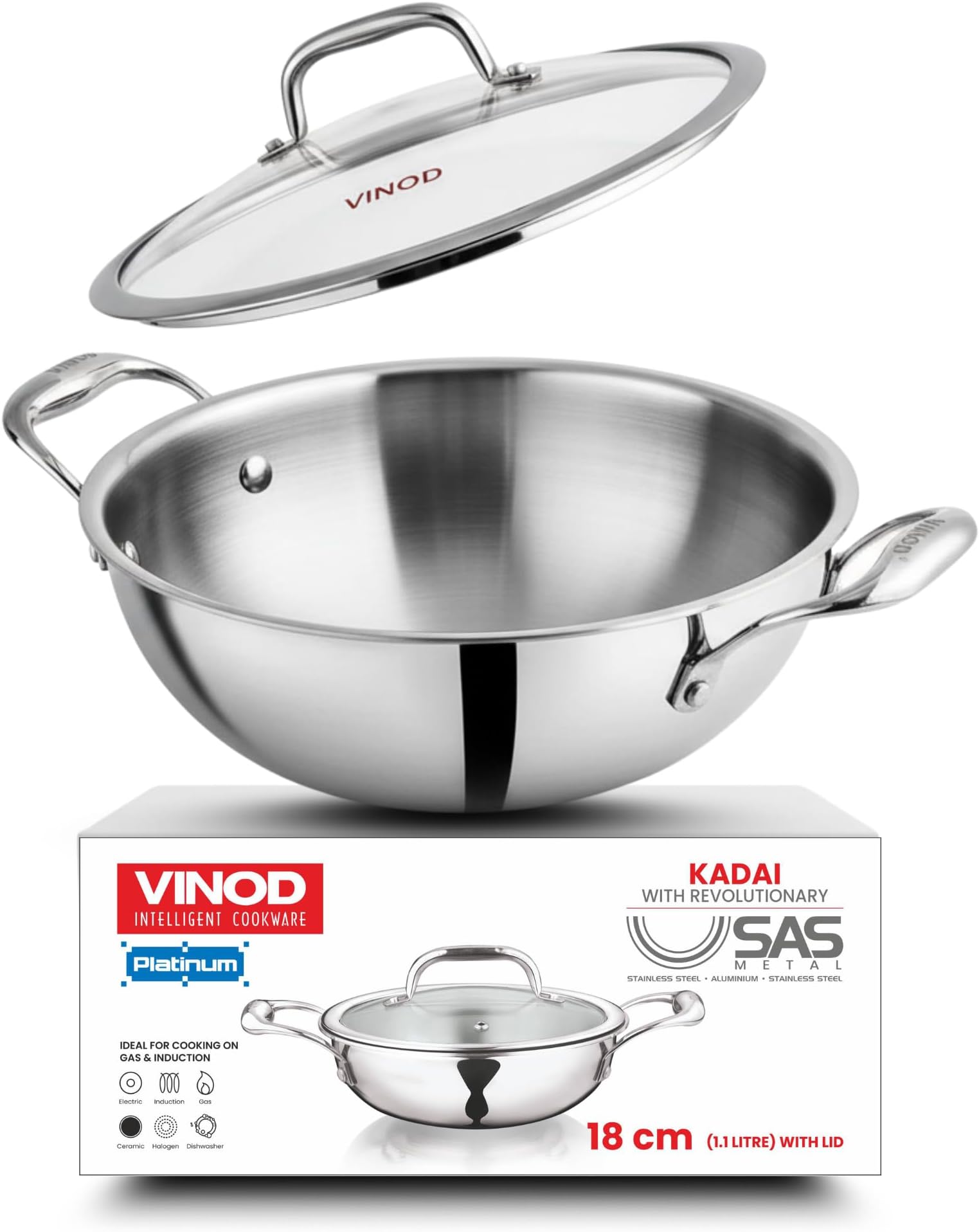 Platinum Triply Stainless Steel Extra Deep Kadai with Glass Lid - 1.2 L, 18 cm | 2.5mm Base, Even Heating, Less Oil Healthy Cooking, Heavy Bottom Induction Cookware Kadhai for Cooking & Frying