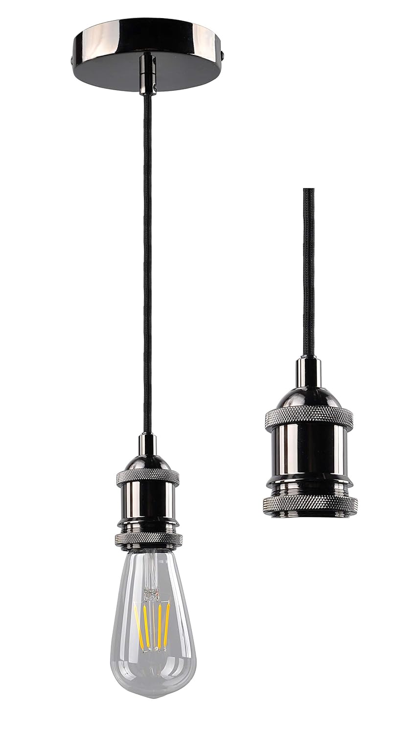 JING Vintage Pendant Light Fitting, Industrial Black Nickel Ceiling Rose,Braided Flex E27 Lamp