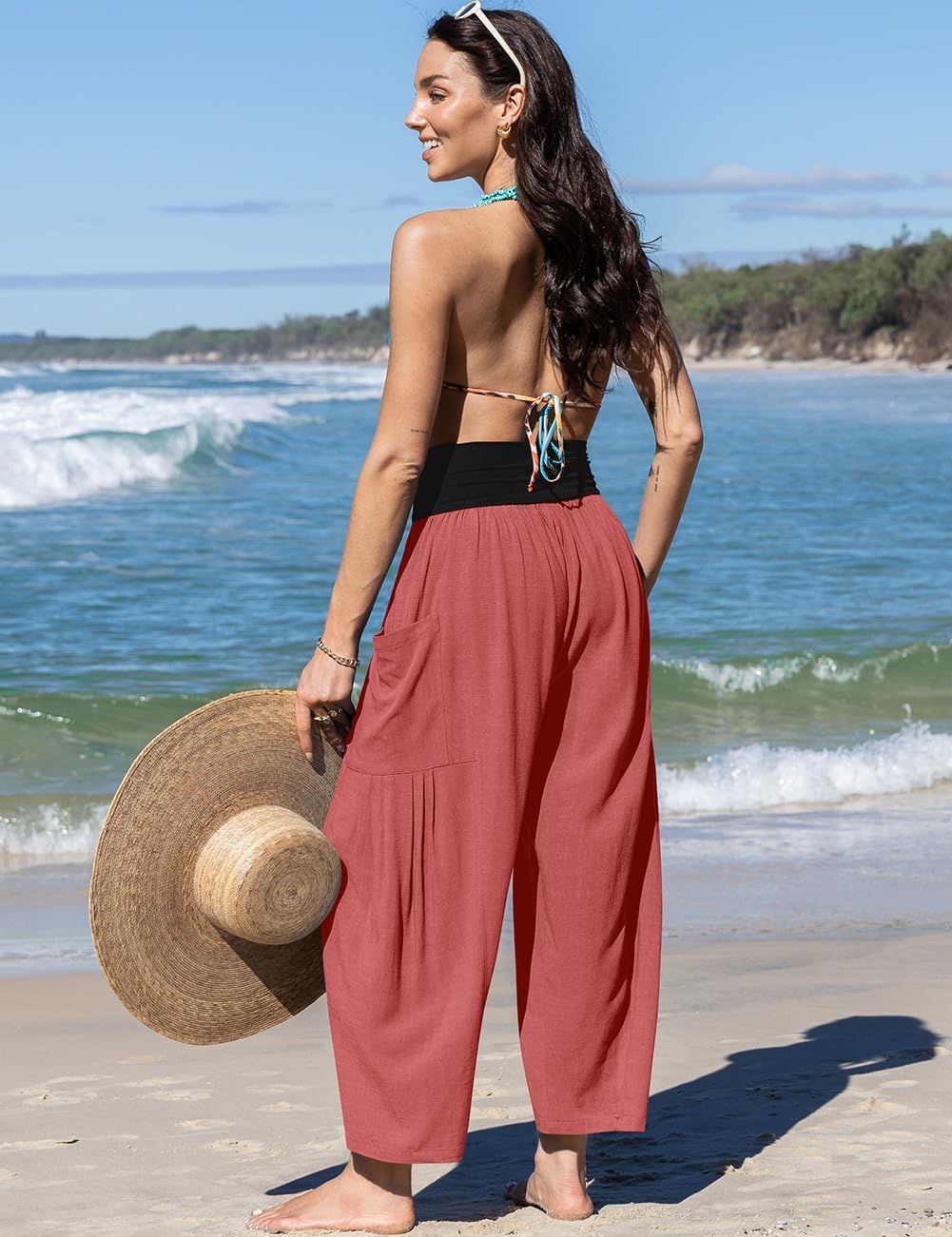 TARSE Womens Linen Wide Leg Pants Casual Loose Elastic Waist Beach Travel Vacation Palazzo Harem Pants with Pockets - Image 4