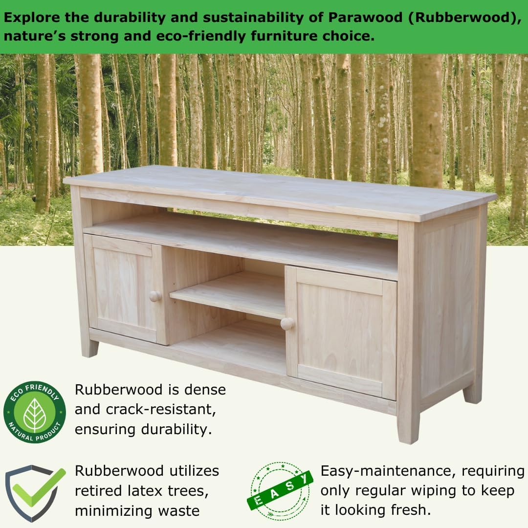 Entertainment TV Stand with 2 Doors Unfinished Solid Parawood 57"W x 18"D x 26"H, Paint or Stain in Any Color, Center Shelf 20.03''W x 15.24''D, Durable Wood Furniture, Living Room/Bedroom