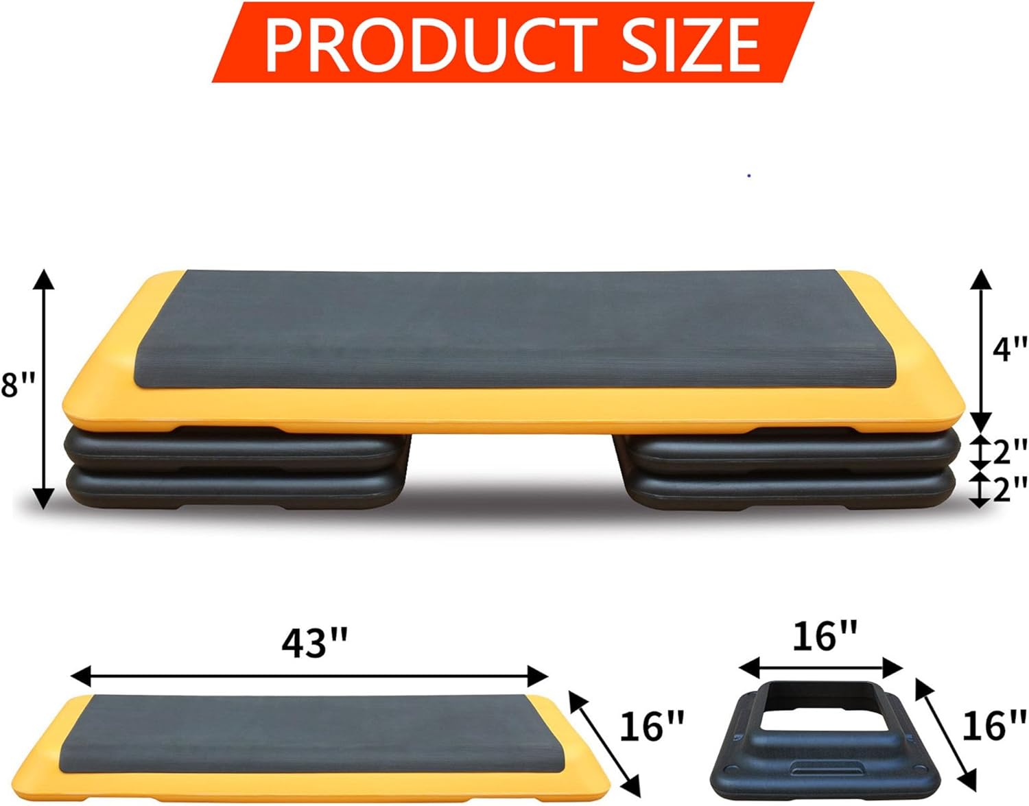 43" Aerobic Exercise Step Platform, Adjustable Aerobic Steppers with 4 Stackable Risers, Workout Stepper & Fitness Stepper for Home Gym Cardio Strength Training, Easy Storage, 550 LBS Capacity