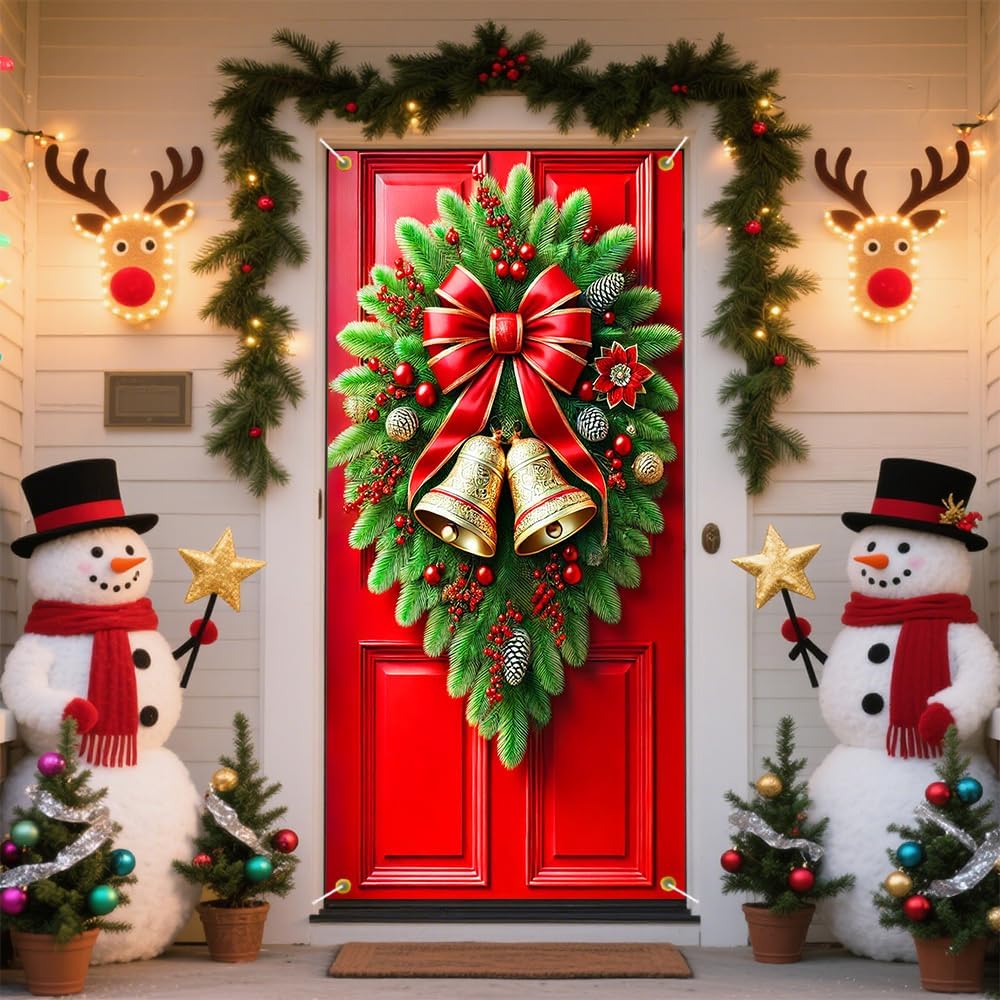 Christmas Pine Swag Door Cover 35x71in Red Bow Gold Bell