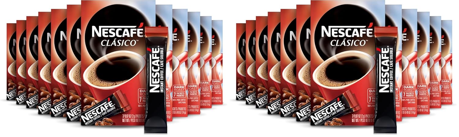 NESCAFE CLASICO, Dark Roast Instant Coffee, (168 Total packets),(Pack of 24)