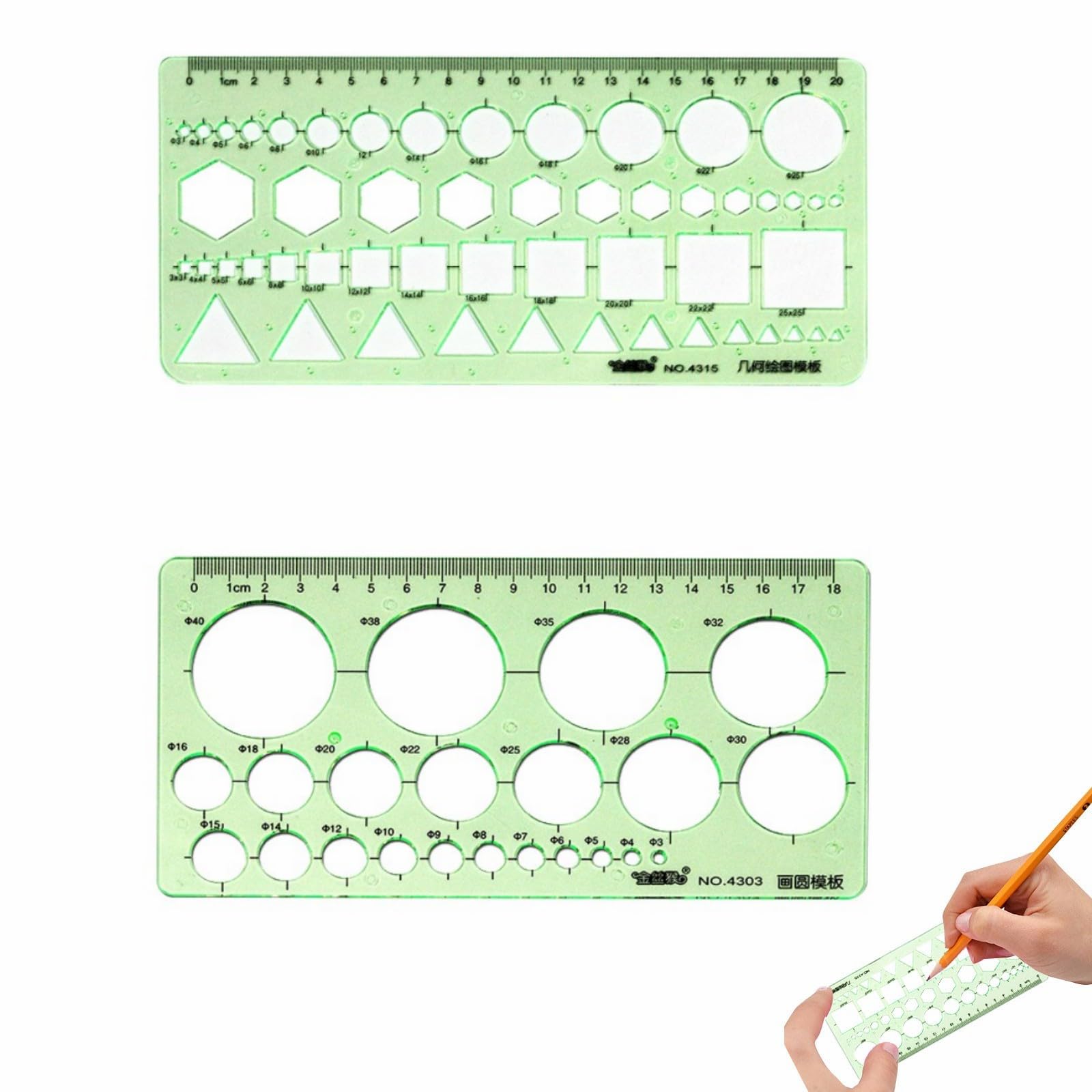 TUKNN Drawing Stencils, Plastic Measuring Ruler, Geometric Shapes, School, Office, Architecture, Building, Pack of 2 (Green)