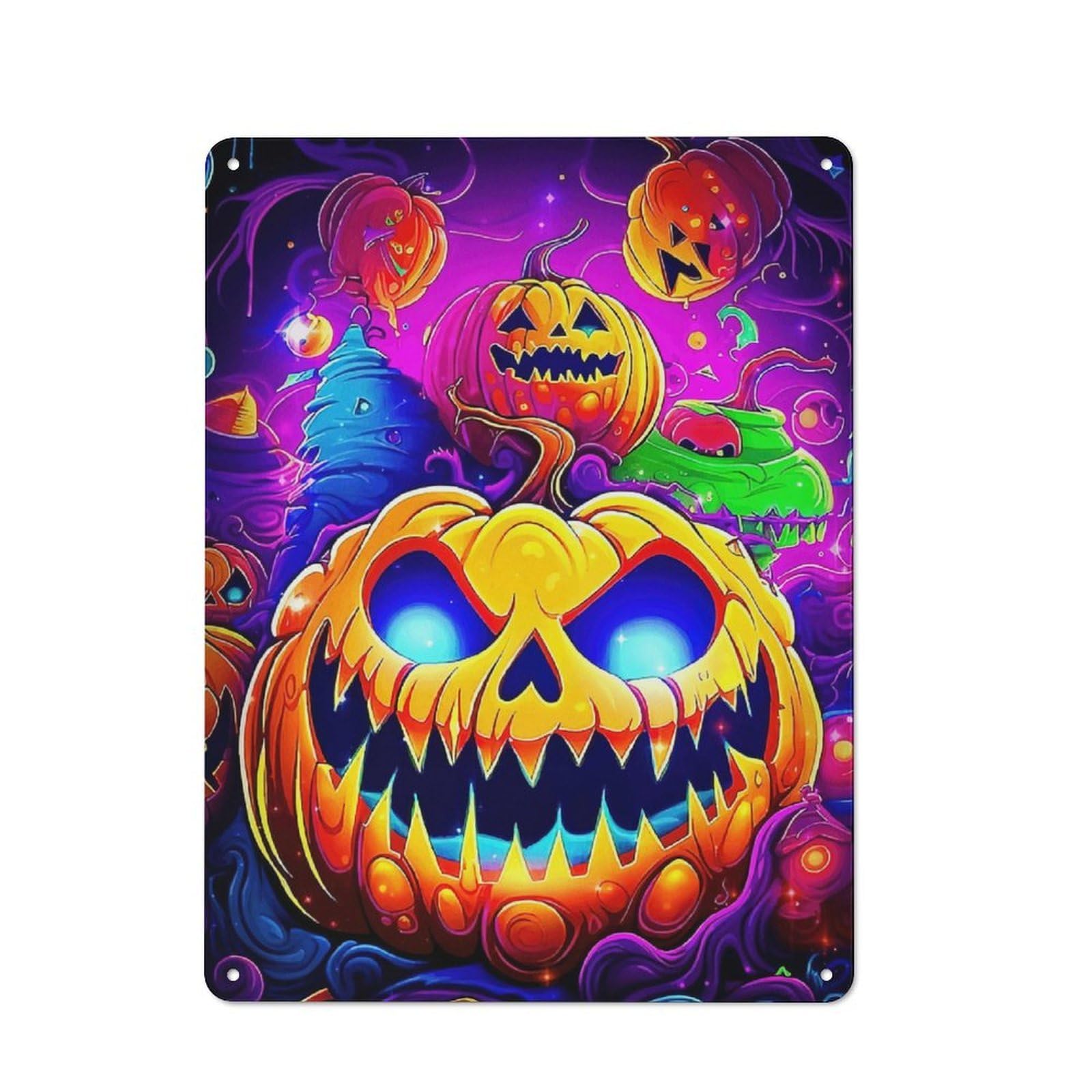 Tin Wall Plaque with Colorful Halloween Pumpkins Design 40x30cm, Farmhouse Rustic Kitchen Decor for Dining Room, Cafe, Entryway Or Family Room