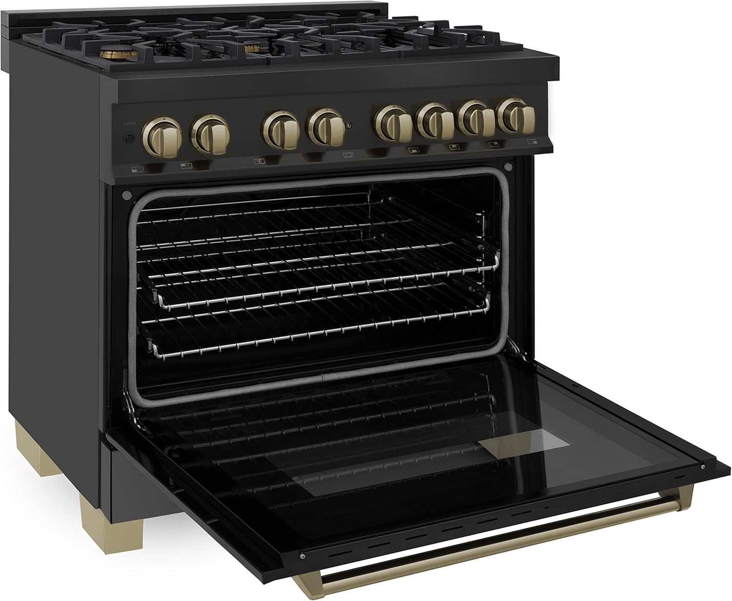 ZLINE Autograph Edition 36 in. 4.6 cu. ft. Legacy Dual Fuel Range with 6 Burner Gas Cooktop and Electric Convection Oven in Black Stainless Steel and Champagne Bronze Accents (RABZ-36-CB)