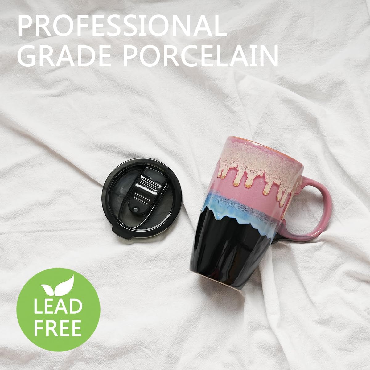 Bosmarlin Ceramic Travel Coffeel Mug with Handle and Lid, 18 oz, Portable Coffee Cup for Car Cup Holder, Microwave and Dishwasher Safe, Reactive Glaze (Pink) - Image 3