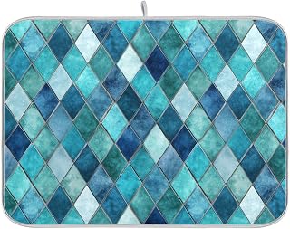 Teal Blue Diamond Dish Drying Mat Beautiful Printed Dry Dishes Pads Mats,Absorbent Countertops Tableware Protector for Kitchen Counter Coffee Bar