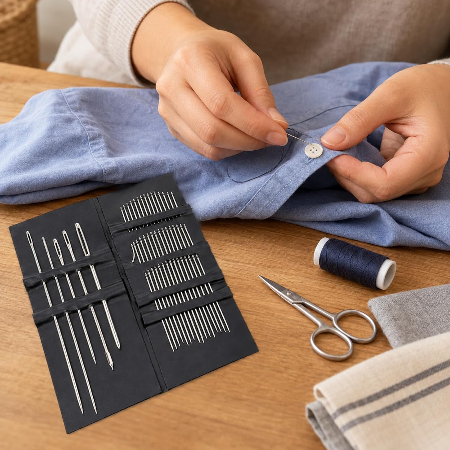 Sewing Project Kit, 55 Pieces Needle Card with Threads Buttons and Sewing Accessories, Household Clothing Repair Kit for Mending Embroidery Tailoring and DIY Craft Projects
